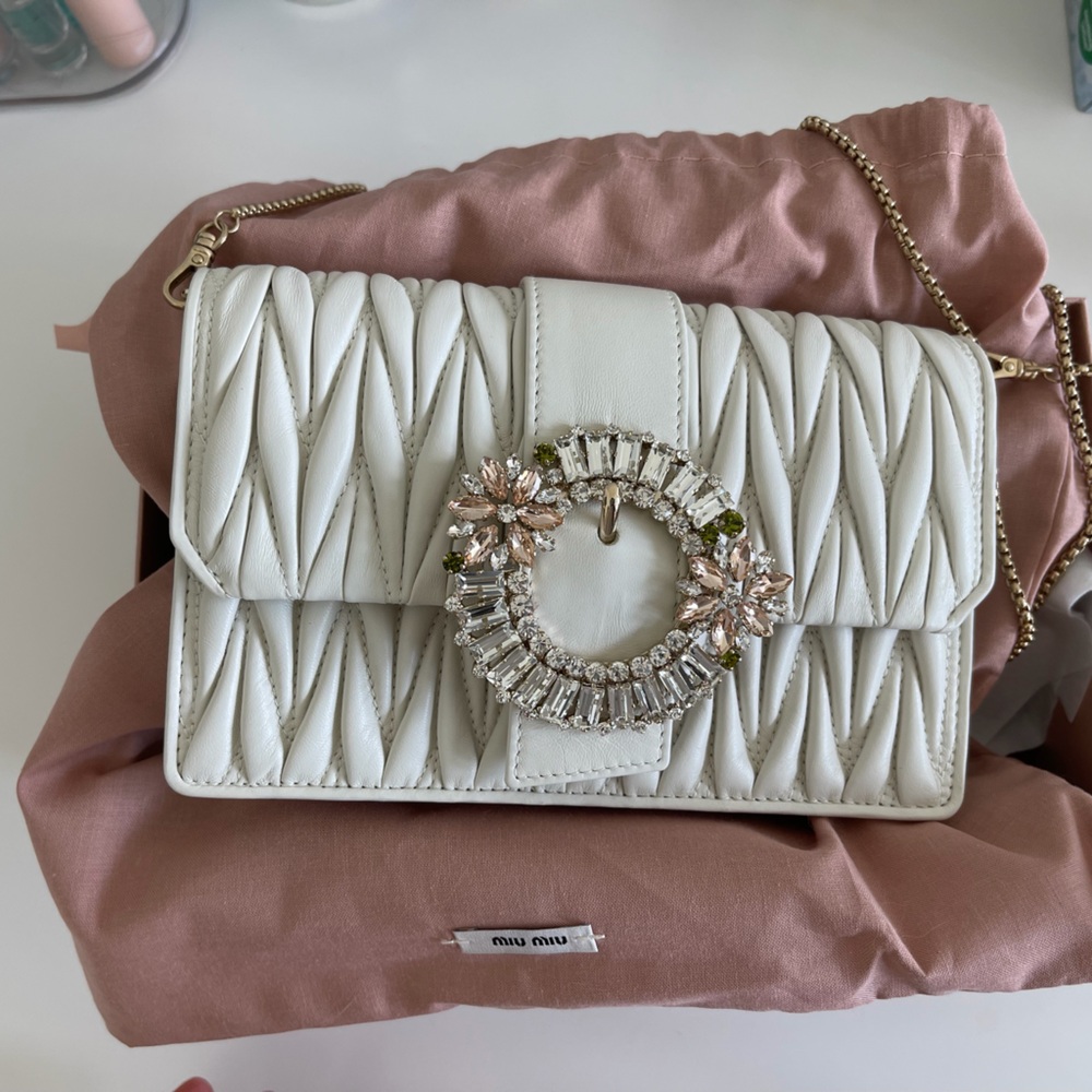 Miu Miu White Quilted Bag with Crystal Buckle